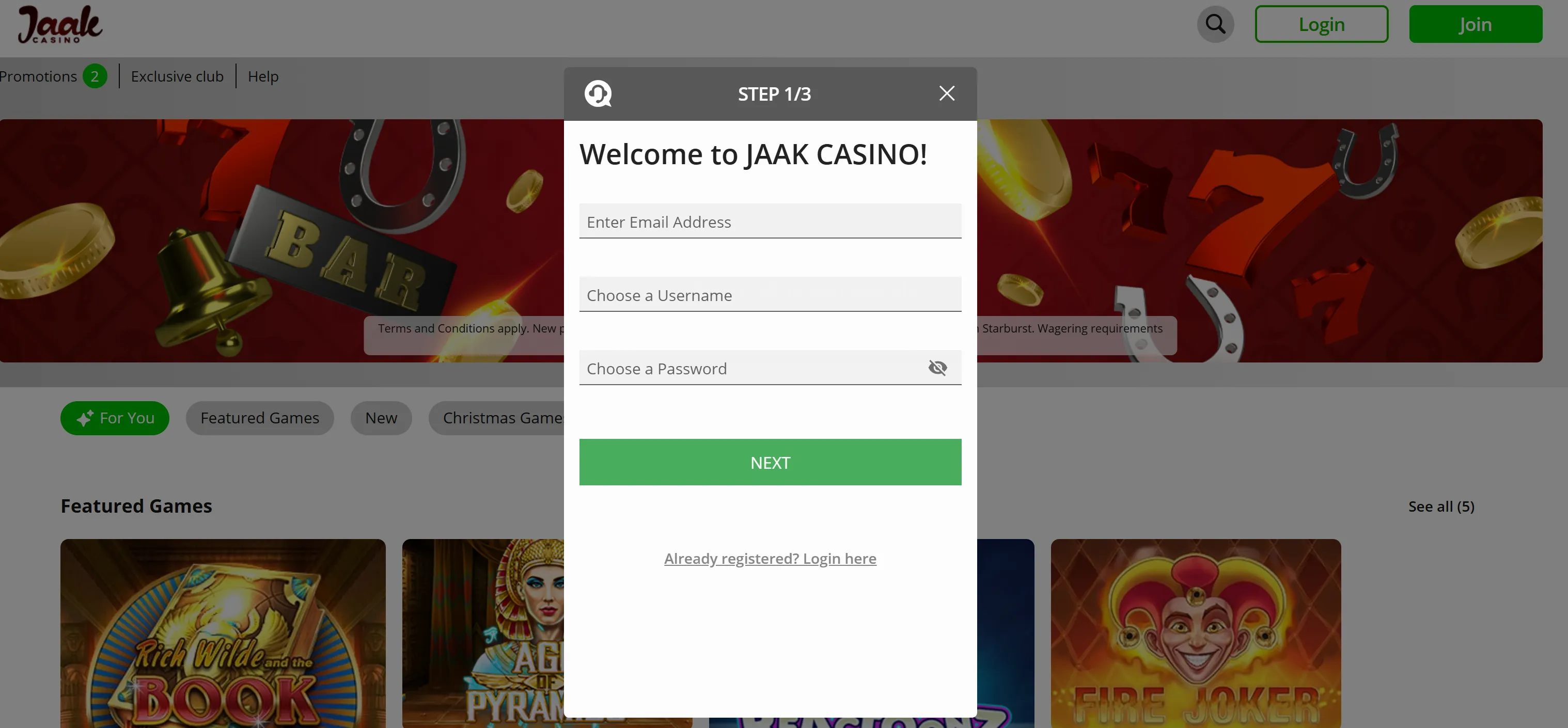 Account registration process at Jaak Casino